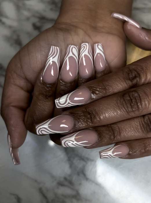 Long full set with white swirl French tip art